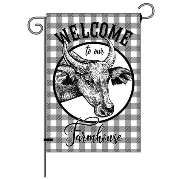 Farm flag. Welcome to our farmhouse. Cow head close up and check pattern. Farm animal and Lumberjack plaid. Cattle. Black and white graphics. Vector illustration. Vintage. 