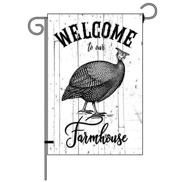 Farm flag. Welcome to our farmhouse. Poultry guinea fowl. Wood texture background. Farm bird. Black and white graphics. Vector illustration. Vintage.