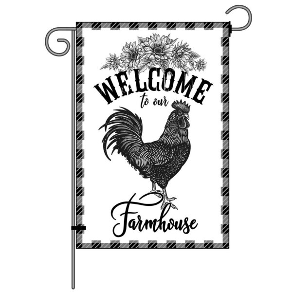 Farm flag. Welcome to our farmhouse. Poultry rooster and wreath of sunflowers. Farm bird and flowers. Lumberjack plaid frame. Black and white graphics. Vector illustration. Vintage.