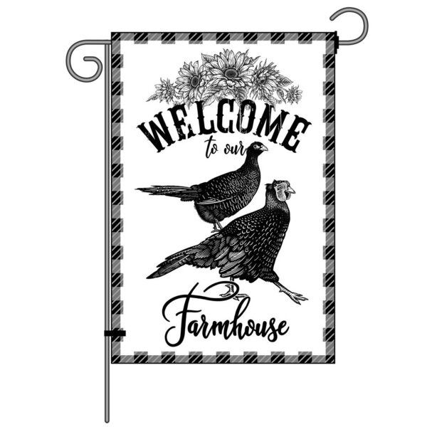 Farm flag. Welcome to our farmhouse. Poultry Pheasants and wreath of sunflowers. Farm birds, flowers. Lumberjack plaid frame. Black and white graphics. Vector illustration. Vintage.