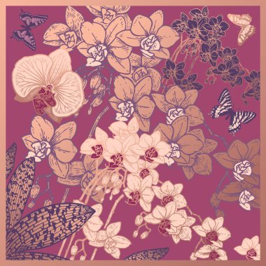 Çiçek deseni. Egzotik tropik çiçekler orkideler ve kelebekler. Vektör çizimi. Eski model. Atkılar, yastıklar, tekstil ve diğer şeyler için çiçek arkaplanı.