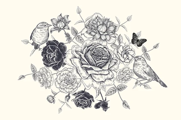 Siyah Beyaz Buket Kuşlar Kelebekler Çiçek Deseni Çiçek Açan Güller — Stok Vektör