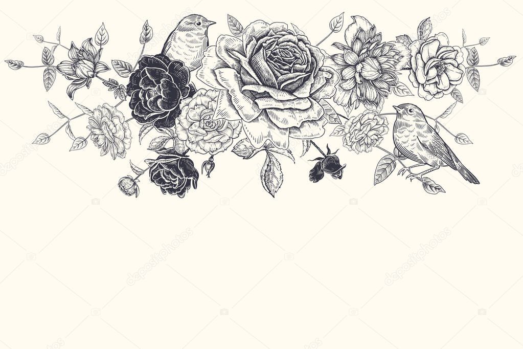 Black and white garland and cute birds. Floral pattern. Blooming flowers roses and clematis. Vector illustration. Vintage. Floral decoration for cards, wedding invitations, congratulations.