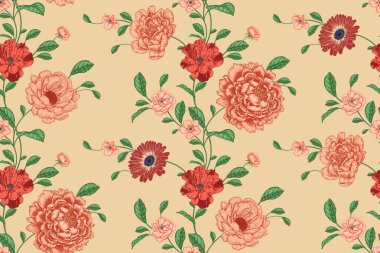 Çiçeksiz desen. Çiçekler güller ve şakayıklar. El yapımı grafikler. Viktorya tarzı. Vektör kapağı illüstrasyonu. Tekstil, kağıt, duvar kağıdı dekorasyonu. Eski model. Çiçek kapağı.