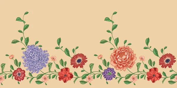 Floral seamless pattern. Flowers roses, peonies, hydrangea. Handmade graphics. Victorian style. Vector cover illustration. Textiles, paper, wallpaper decoration. Vintage. Flower cover.