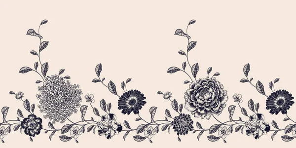 Floral seamless pattern. Flowers roses, peonies, hydrangea. Handmade graphics. Black and white. Victorian style. Vector cover illustration. Textiles, paper, wallpaper decoration. Vintage. Flower cover