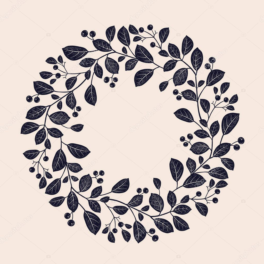 Vintage wreath of beautiful plants. Tree foliage, branches with berries and leaves. Vector illustration. Black and white. Luxury decor for fashion design, invitations, wedding theme.