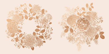 Floral decor for weddings, interior decoration, cards and other. Wreath and bouquet of summer flowers. Vector illustration. Vintage. Peonies, roses, tree leave. Nature motive Isolated. Gold foil print clipart