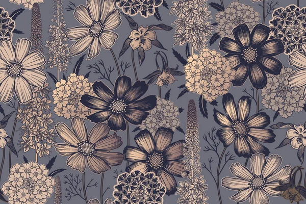 Modèle Floral Printanier Sans Couture Plantes Fleurs Vecteur Vintage Jolies — Image vectorielle