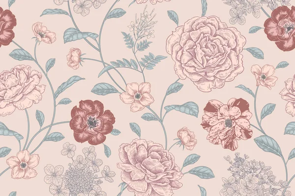 Vintage Nahtlose Muster Floral Pastellfarbe Hintergrund Blumen Rosen Pfingstrosen Hortensien — Stockvektor