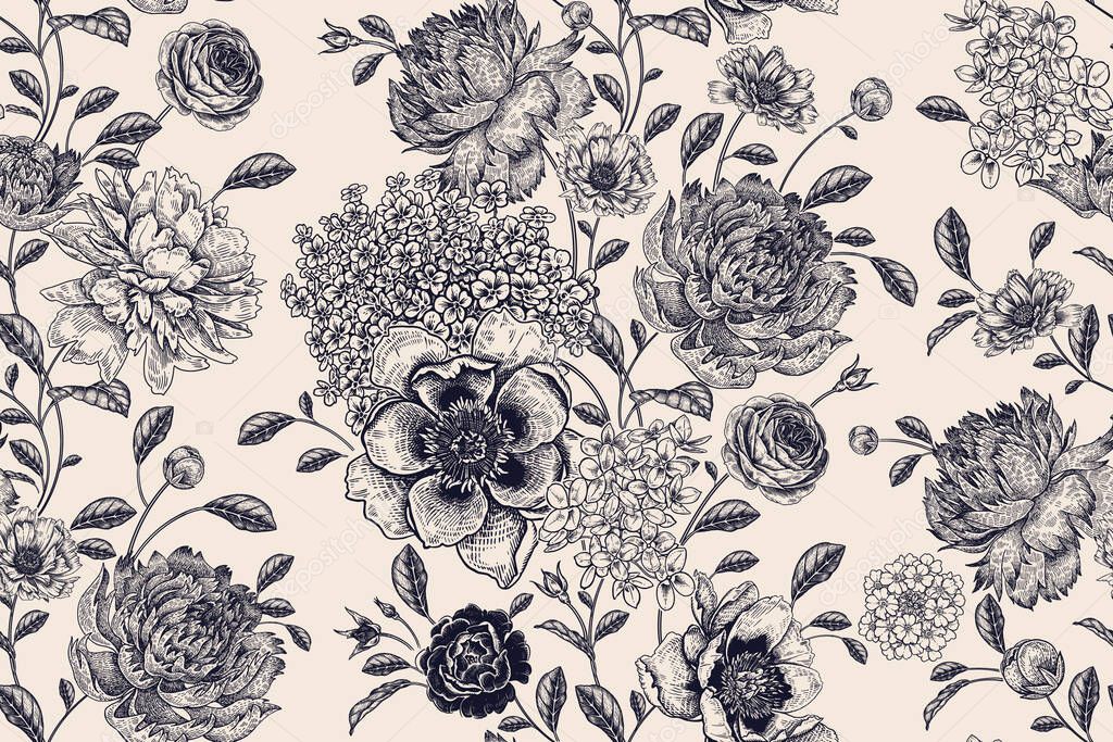 Floral seamless pattern Flowers roses, peonies, hydrangea. Handmade graphics. Black white. Victorian style. Vector illustration. Textiles, paper, wallpaper decoration. Vintage background. Flower cover