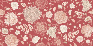 Kusursuz çiçek deseni. Vintage vektör. Çiçek arkaplan. Kırmızı ve beyaz. Bahçe çiçekleri güller, şakayıklar, ortanca Victoria tarzı. Lüks tekstil, kağıt, duvar kağıdı dekorasyonu. Süslü kapak