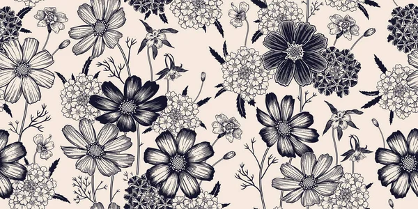 Patrón Floral Primavera Inconsútil Blanco Negro Plantas Con Flores Vector — Archivo Imágenes Vectoriales