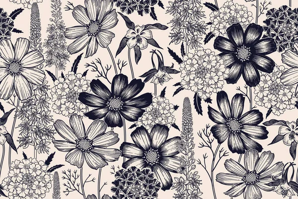 Patrón Floral Primavera Inconsútil Blanco Negro Plantas Con Flores Vector — Archivo Imágenes Vectoriales