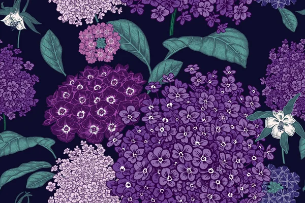 Garden flowers hydrangea. Summer plants. Black and violet floral seamless pattern. Vector illustration. Vintage. Flower background for fabrics, paper, wallpaper, textile and other.