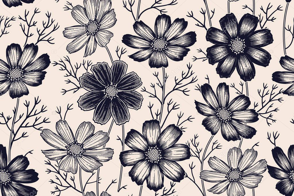 Black and white seamless spring floral pattern. Flowering plants. Vintage vector. Cute flowers chamomile. Victorian style. Luxurious summer textiles, paper, wallpaper decoration. Ornamental cover.