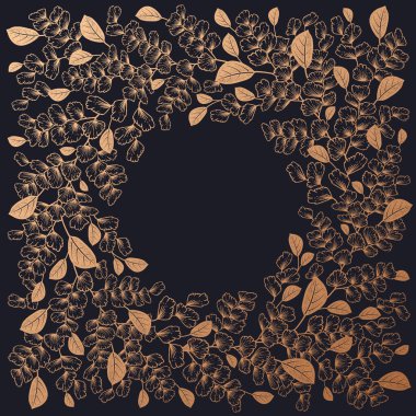 Güzel bitkilerden oluşan eski bir çerçeve. Ağaç dalları, yapraklar ve yapraklar. Vektör çizimi. Siyah ve altın folyo. Moda tasarımı için lüks dekor, davetiyeler, düğün dekorasyonu teması.