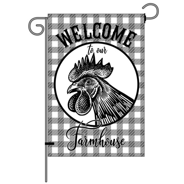 Farm flag with Poultry. Welcome to our farmhouse. Rooster head close up. Farm bird in Lumberjack plaid frame. Black and white graphics. Vector illustration. Vintage.