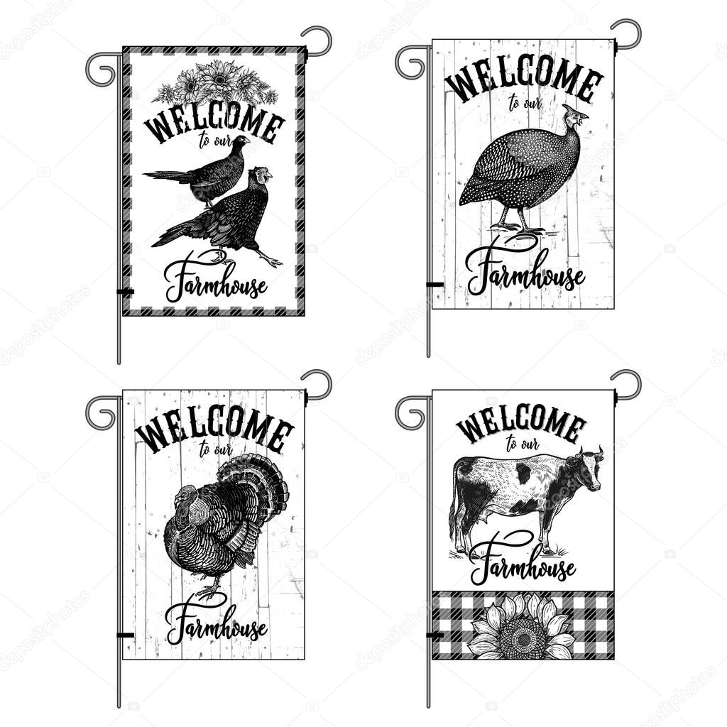 Farm flags set. Welcome to our farmhouse. Domestic birds, animals, sunflowers. Pheasants, guinea fowl, turkey, cow. Farm poultry, cattle and Lumberjack plaid. Black and white graphics. Vector. Vintage