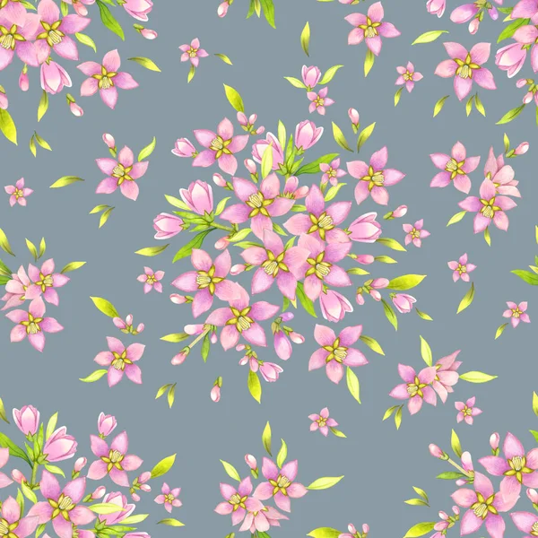 Акварельний Квітковий Безшовний Візерунок Милі Весняні Квіти Квітучі Букети Сірому — стокове фото