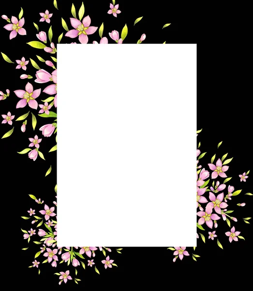 Открытка Цветами Акварелью Милые Весенние Цветы Цветущие Ветви Дерева Черном — стоковое фото