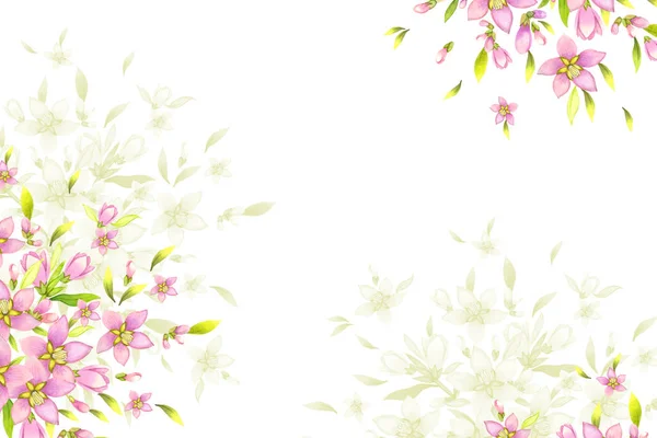 Akwarelowa Kartka Życzeniami Słodkie Wiosenne Kwiaty Kwitnące Gałęzie Drzew Białym — Zdjęcie stockowe