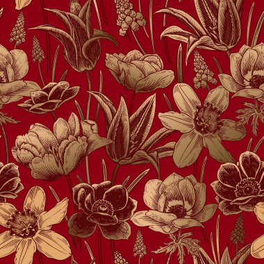 Floral seamless pattern. Vintage spring background. Vector illustration art. Lovely flowers. Red and gold foil. Botanical ornament. Tulips daffodils anemones primroses. For wallpaper, paper, textiles.