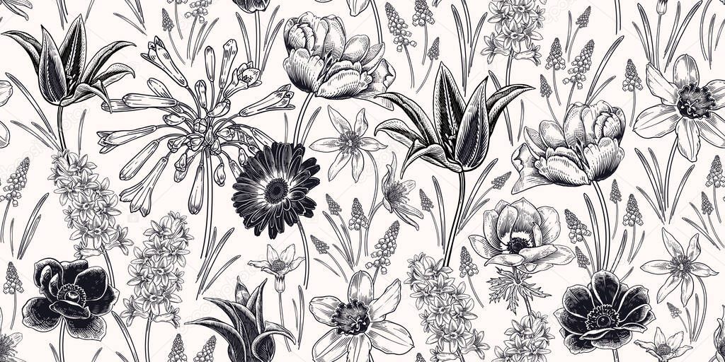 Floral seamless pattern. Vintage spring background. Vector illustration art. Lovely flowers. Black white cover. Botanical ornament. Tulips, daffodils anemones primroses. For wallpaper, paper, textiles