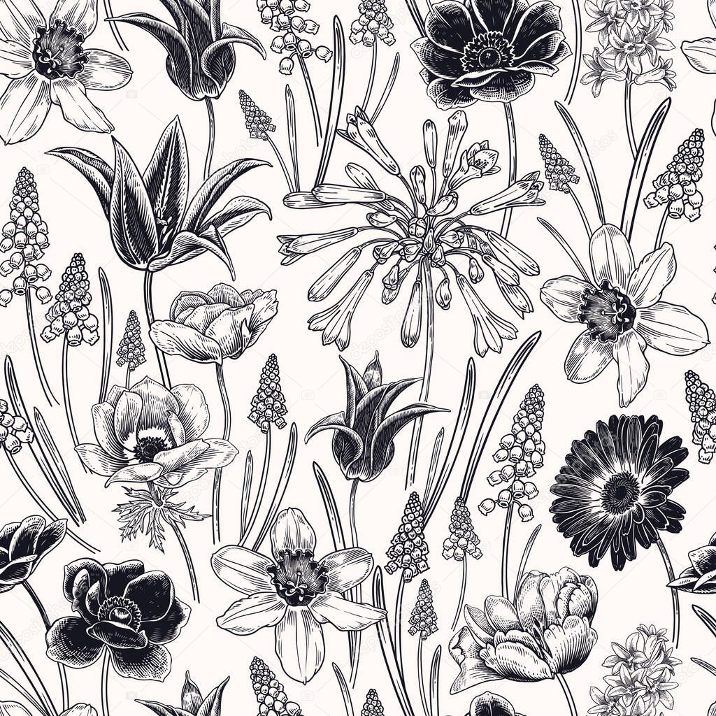 Floral seamless pattern. Vintage spring background. Vector illustration art. Lovely flowers. Black white cover. Botanical ornament. Tulips daffodils anemones primroses. For wallpaper, paper, textiles.