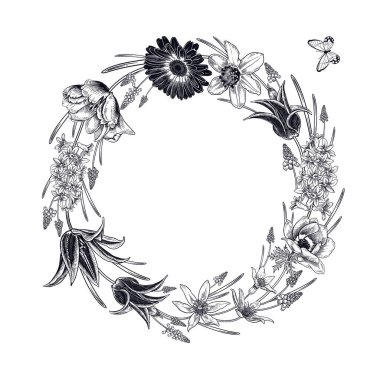 Çiçek deseni. Şatafatlı bahar çiçekleri ve kelebek çelengi. Eski kart. Vektör illüstrasyon sanatı. Botanik süsü. Laleler, nergisler, şakayıklar, çuha çiçekleri. Siyah ve beyaz.