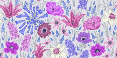 Floral seamless pattern. Vintage spring background. Vector illustration art. Lovely flowers. Color Botanical ornament. Tulips, daffodils anemones primroses. Template For wallpaper, paper, textiles.