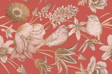 Vintage spring background. Floral seamless pattern. Vector illustration. Lovely flowers and cute birds. Pink and gold foil. Bulbous primroses, snowdrops, tulips, anemone, daffodils, muscari, jacinth.