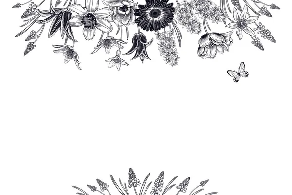 Σχέδιο Λουλουδιού Γκάρλαντ Πολυτελή Ανοιξιάτικα Λουλούδια Και Πεταλούδες Κάρτα Αντίκα — Διανυσματικό Αρχείο