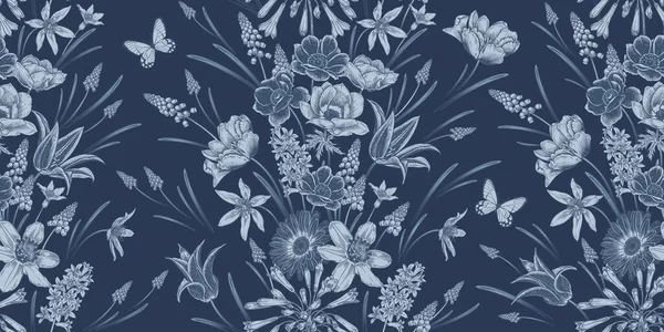 Квітковий Безшовний Візерунок Вінтажний Весняний Фон Векторні Ілюстрації Прекрасні Квіти — стоковий вектор