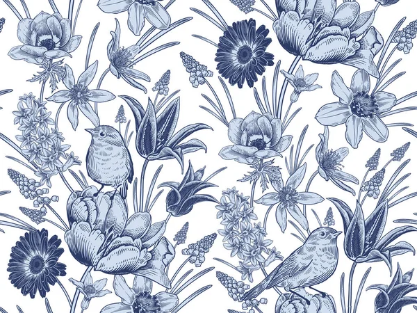 Florales Nahtloses Muster Vintage Spring Hintergrund Vektorillustration Schöne Blumen Und — Stockvektor