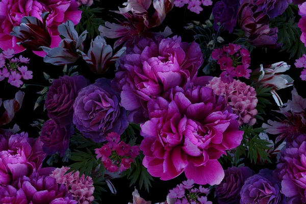 Çiçekli Dikişsiz Desen Çiçek Açan Şakayıklar Güller Laleler Bahçe Çiçekleri — Stok fotoğraf