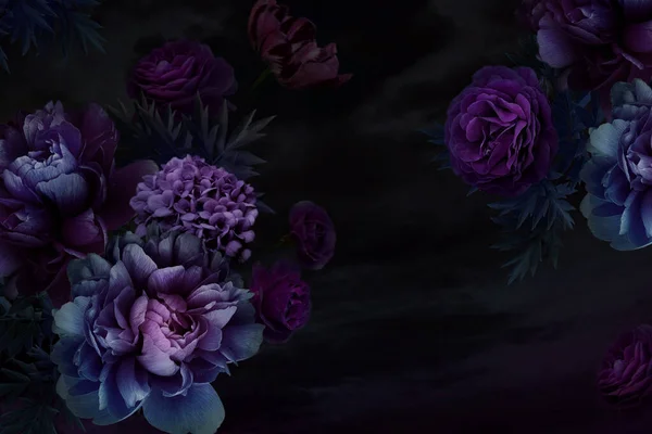 Çiçek bahçesi şakayıkları, güller, laleler. Metin için yeri olan çiçek tebrik kartı. Siyah Arkaplan 'daki Çiçek Yaratıcı Düzen. Çiçekler, Yapraklar ve Dekoratif Bitkiler. Doğa konsepti. Doğa Moda Tasarımı