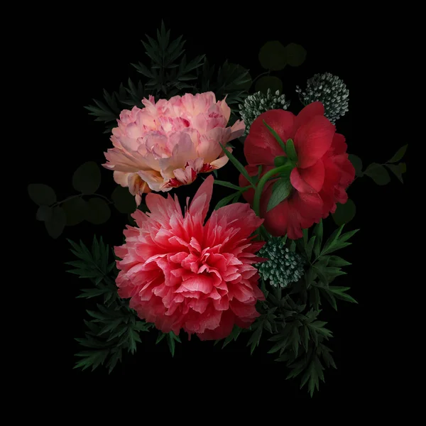 Boeket Chic Garden Pioenrozen Floral Creatieve Lay Out Zwarte Achtergrond — Stockfoto