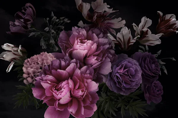 Vintage Floral Card Belles Fleurs Jardin Pivoines Roses Feuilles Tulipes — Photo
