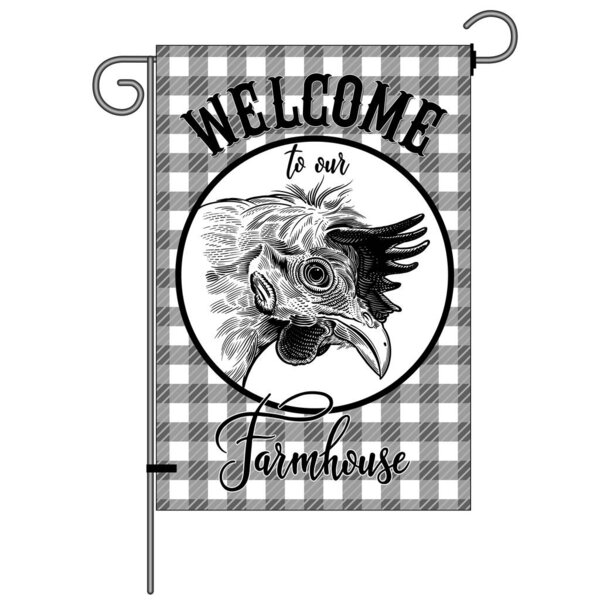 Farm flag. Welcome to our farmhouse. Chicken head close-up. Farm bird. Lumberjack plaid pattern frame. Black and white graphics. Vector illustration. Vintage.
