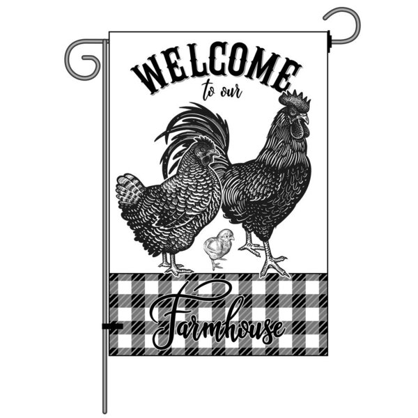 Farm flag. Welcome to our farmhouse. Poultry hen, rooster and chick. Farm birds. Lumberjack plaid pattern. Black and white graphics. Vector illustration. Vintage.