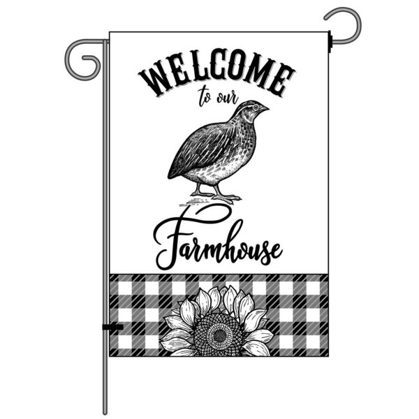 Farm flag. Inscription Welcome to our farmhouse. Farm bird Quail and sunflower. Lumberjack plaid pattern frame. Black and white graphics. Vector illustration. Vintage.