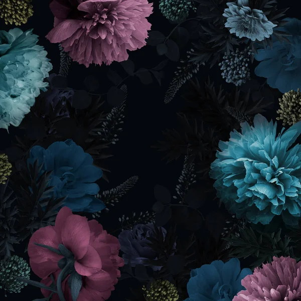 Eski bir çiçek kartı. Çiçek çerçevesi. Şakayıklar, laleler, dallar, yapraklar, siyah arka planda dekoratif otlar. Çiçek illüstrasyonu alışılmadık renk barok biçimi.