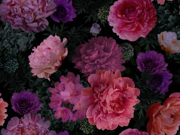 Floral Motif Été Sans Couture Des Fleurs Jardin Pivoines Feuilles — Photo