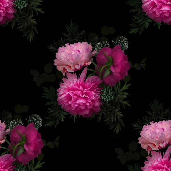 Floral summer seamless pattern. Garden flowers peonies and leaves on black background. Nature illustration. Template for fabrics, textiles, paper, wallpaper, interior decoration. Vintage.