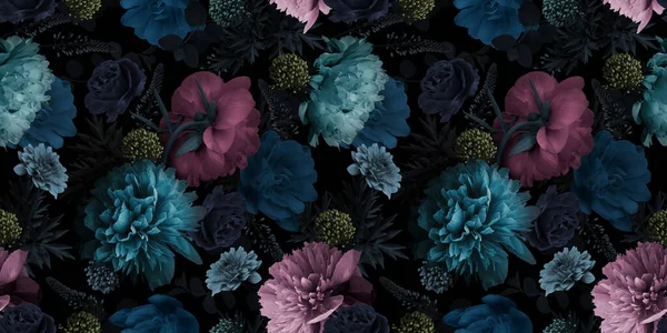 Ongebruikelijke Floral Zomer Naadloos Patroon Tuinpioenrozen Blauwe Roze Bloemen Een — Stockfoto