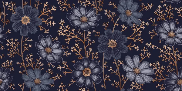 ダークシームレスな花柄 開花植物 ヴィンテージベクトル かわいい花カモミールやコスモス 黒を背景に金 ビクトリア様式 豪華な夏の織物 壁紙の装飾 — ストックベクタ