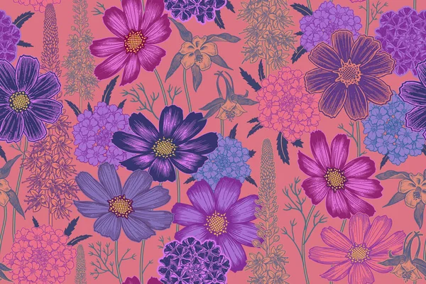 Motif Floral Printanier Coloré Sans Couture Plantes Fleurs Vecteur Vintage — Image vectorielle