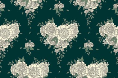 Kusursuz desen. Siyah ve beyaz çiçekli arka plan. Kumaş, tekstil, duvar kağıdı ve kağıt üretmek için bir şablon. Barok şakayıklar. Kalp şeklinde çiçekler. Klasik grafikler. Vektör.