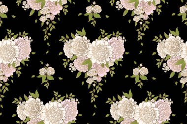 Siyah arka planda, pürüzsüz desenli beyaz şakayık demetleri. Çiçek arkaplan. Tekstil, duvar kağıdı, ambalaj, ambalaj kağıdı şablonu. Çiçek Bağbozumu. Vektör illüstrasyonu.